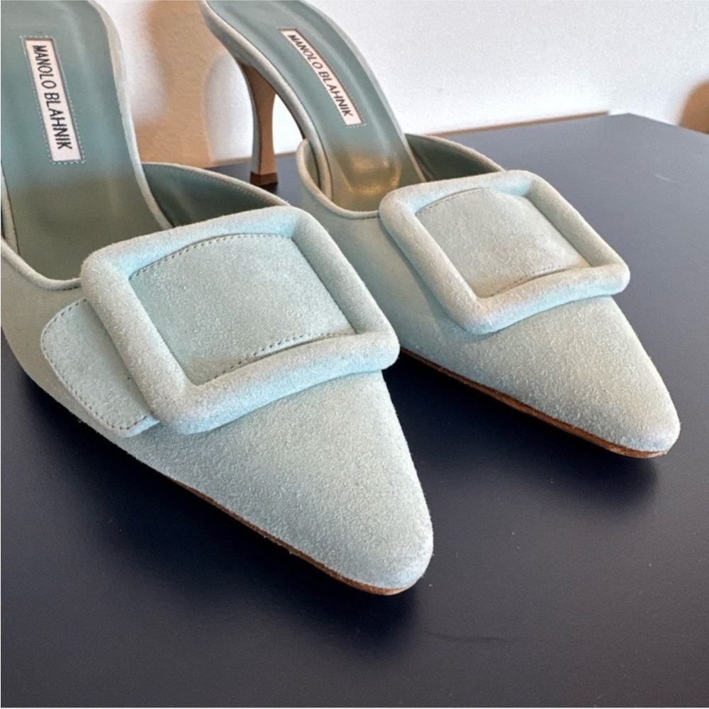 Manolo Blahnik Maysale Mule Buckle Light Blue Suede - Picture 3 of 8